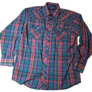 Vintage Men's XL Western Cowboy Shirt Wrangler 17.5-37 X-Long Tails Plaid Snap